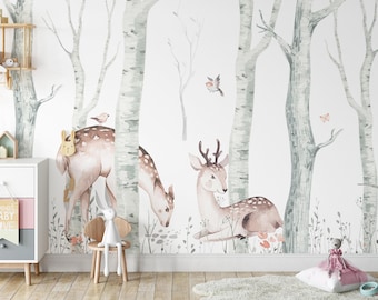 Deer in the forest / Wallpaper for children / Non-woven wallpaper /  Environmentally-friendly / Produced in The Netherlands / Walloha.com