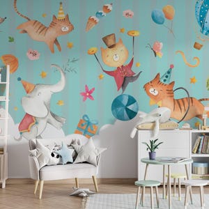Carta da parati per bambini circo PERSONALIZZATA / Carta da parati colorata per feste circensi con animali / Murale giocoso per cameretta o sala giochi per bambini / Realizzato su misura