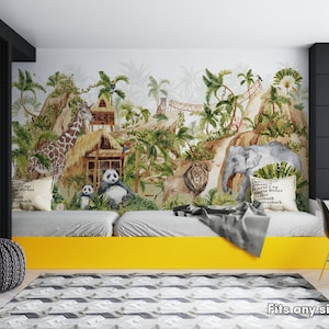 JUNGLE Carta da parati per bambini / Murale con animali tropicali per ragazzi e ragazze / Rivestimento murale a tema Safari / Carta da parati personalizzata
