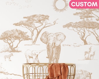 SEPIA SAFARI Wallpaper Kids Room Decor Tropical Animal Wall Art for Kids Jungle Themed Nursery Mural African Wildlife Custom Wallcovering