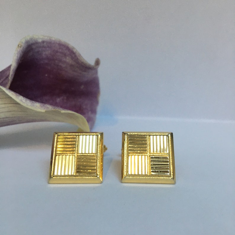 Gold Tone Square Cufflinks with Checker Board Pattern Vintage 1970s Cufflinks