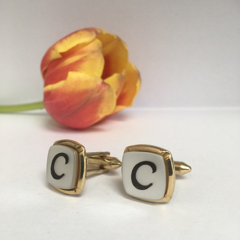 Vintage Sophos Initial C Cufflinks White Background with Black Capital C Topped