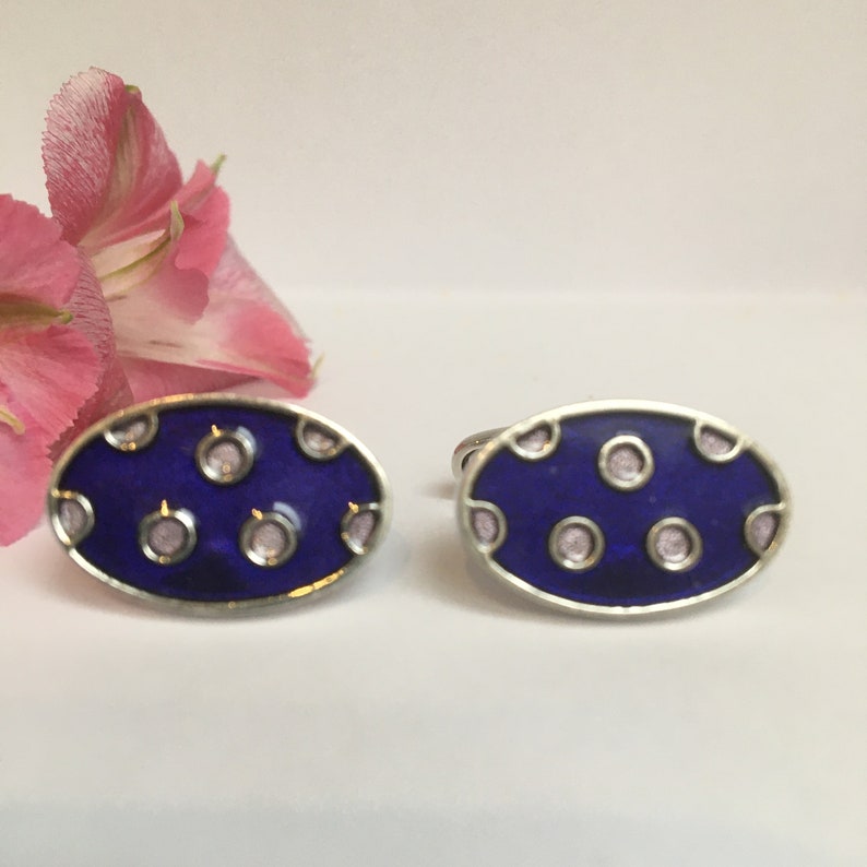 Vintage Blue and Pink Cufflinks Posh Vintage Blue Enamel Cufflinks with Pink Spots-