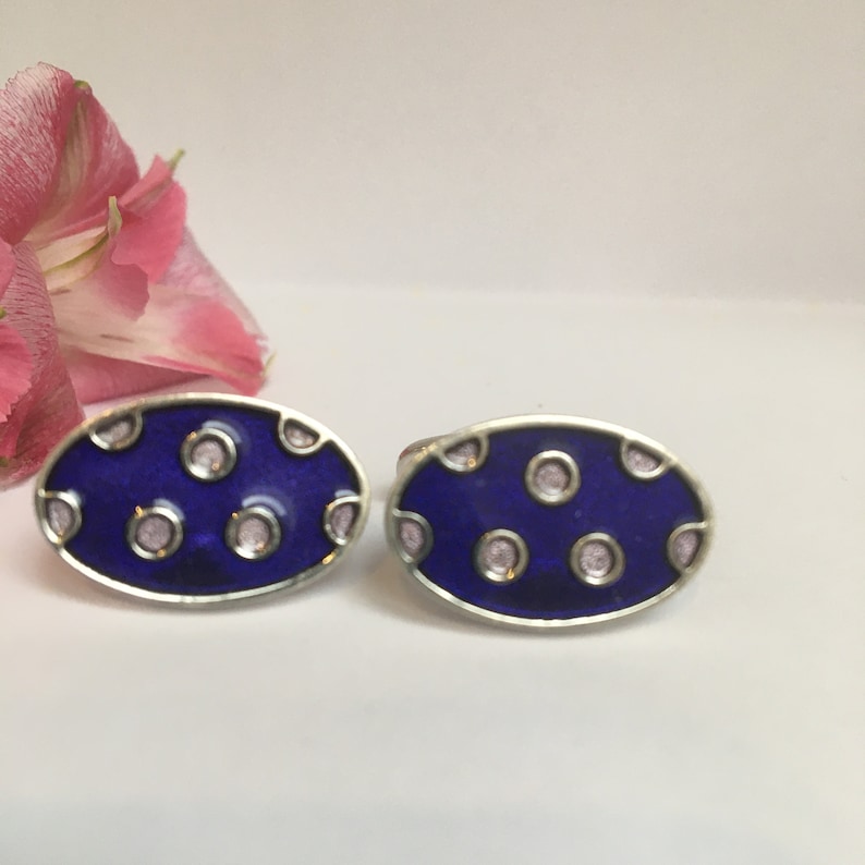 Vintage Blue and Pink Cufflinks Posh Vintage Blue Enamel Cufflinks with Pink Spots-