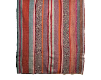 Op de afbeelding: Een rechthoekig geweven textiel met verticale strepen in tinten rood, oranje, groen en paars. Het textiel heeft een zich herhalend ruitpatroon in het midden en is waarschijnlijk een deken of sprei.