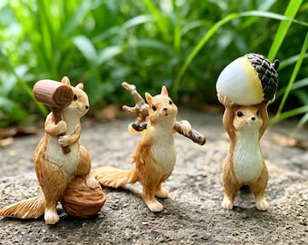 Set of 3 Whimsical Squirrel Figurines, Resin Forest Statue, Fairy Garden Decor