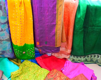 100 pcs Fat Quarter Bundle of Silk Fabric 100% Silk ,Pure Silk Fabric Ethnic Fabric Remnants Sewing By Pound,Crafting,Vintage recycle sari
