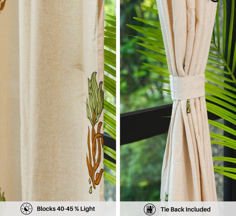 Cotton Olive Green Floral Print Luxury Curtain, Boho Curtain, Luxury