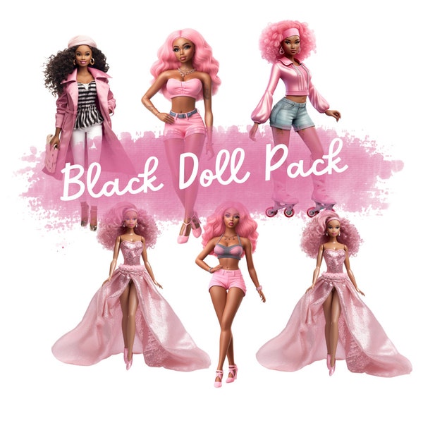 Black Doll Clipart, African American Dolls, PNG, Black Doll Stickers, Digital Black Doll PNG, Pink Themed Doll Clipart,