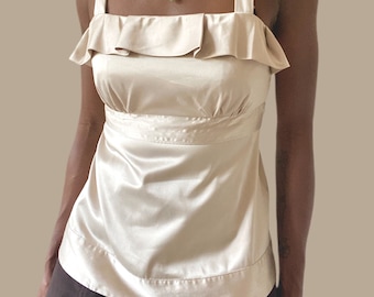 Champagne Ruffle Trim Satin Belted Blouse