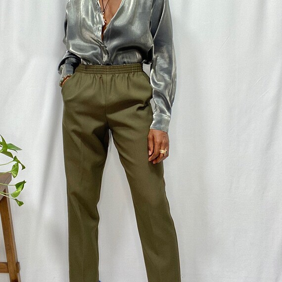 Vintage Classic Olive Green Elastic Waist Trousers - image 4