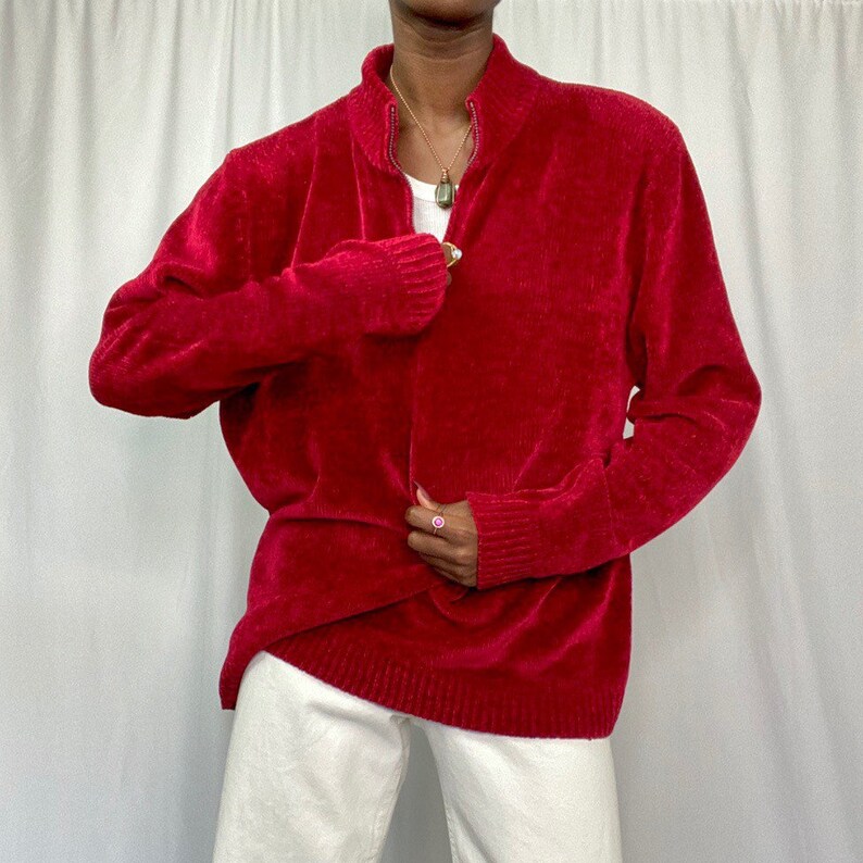 Vintage Women\u2019s Red Soft Cozy Mock Neck Polo Sweater
