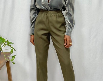 Vintage Classic Olive Green Elastic Waist Trousers