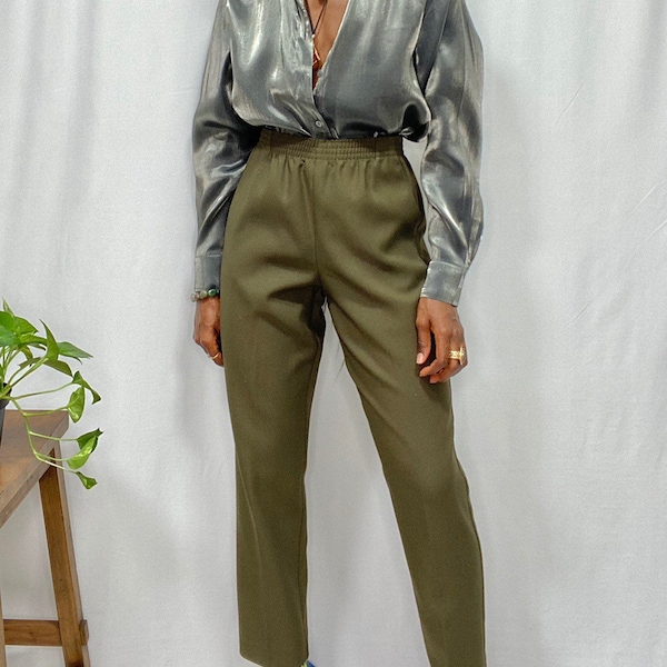 Vintage Classic Olive Green Elastic Waist Trousers
