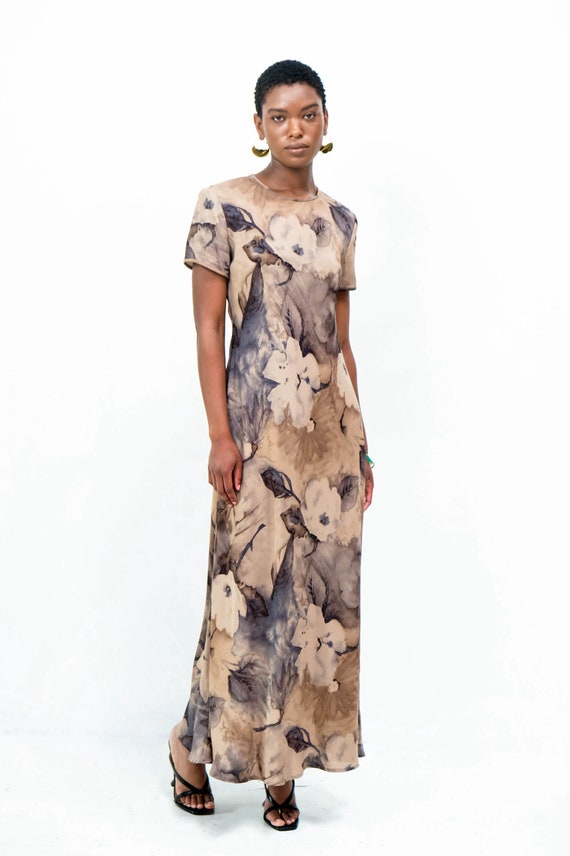 Vintage Neutral Colored Abstract Floral Maxi Dress