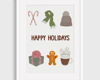 Happy Holidays Digital Print, Christmas Digital Print, Illustrated Digital Print, Art Print, Gift for her,