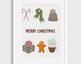 Merry Christmas Digital Print, Christmas Digital Print, Illustrated Digital Print, Art Print, Gift for her,