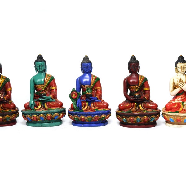 Small 5 Dhyani Buddhas Set of 5 Buddhas  -Pancha Buddha  for decorative collections- Tibetan Figures - HandPainted Buddha Figurines