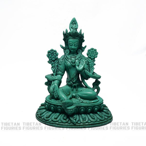 Green Tara  Statute Seated on Lotus,Green Tara Decor Piece - Tibetan Figures for rituals- 8 Inch Tall, Green Tara Resin Figurines