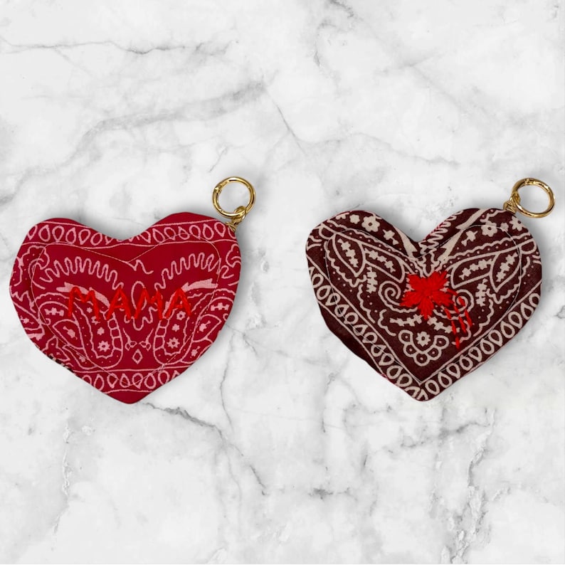 Handmade Heart-shaped Bandana Keychain Charm/ Bag Charm - Embroidered