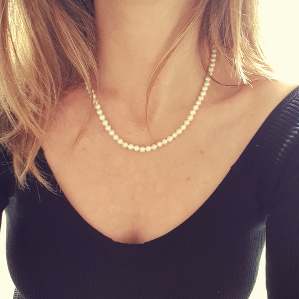 Natural Freshwater Pearl Necklace, White Pearl Necklace, Wedding Necklace, Ivory Necklace on Silver Strand, Gifts for Her, Christmas Gifts