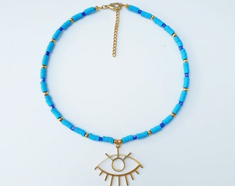 Collier de perles plaqué or, collier de perles bleues, collier mauvais œil, collier GoodLuck, collier de protection, collier de perles turquoise