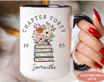 40th Birthday Gift For Book Readers, Vintage 40th Birthday Chapter Forty Mug/Coaster, Cute Floral Custom Birth Year Name Mug Turning 40 Mug