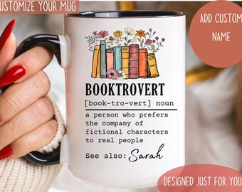 Personalized Booktrovert Coffee Mug, Floral Book Shelf Custom Mug For Book Lovers, Funny Book Readers Mug