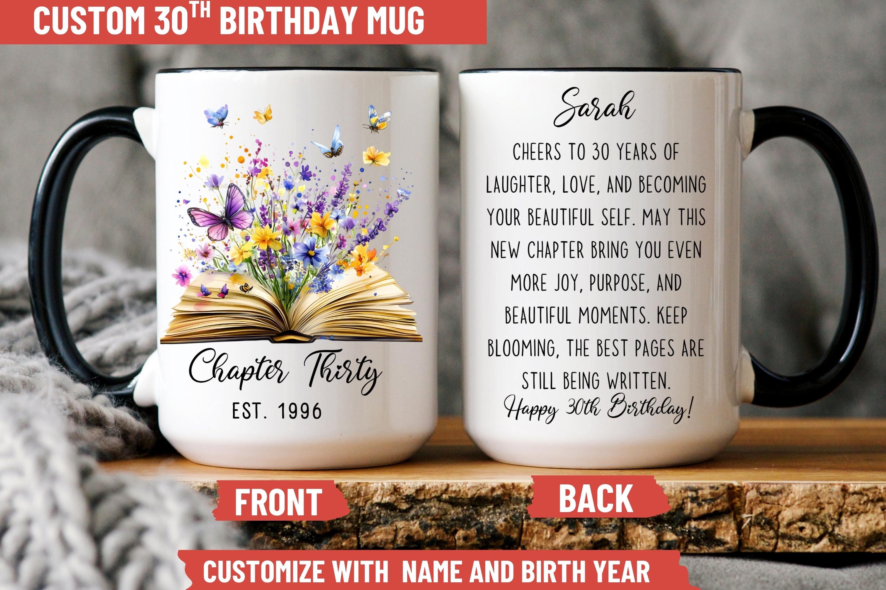 Floral 30th Birthday Mug or Coaster: Custom Name & Year - Etsy