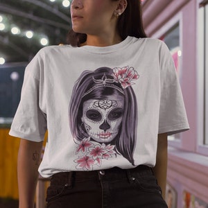 Femme Femmes Extensible Papillon Floral Skull Turn Up manches Surdimensionné T Shirt