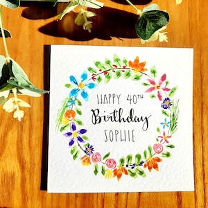 Biglietto di auguri personalizzato con corona floreale dipinta a mano ad acquerello: compleanno, anniversario, festa della mamma, Pasqua, qualsiasi occasione.