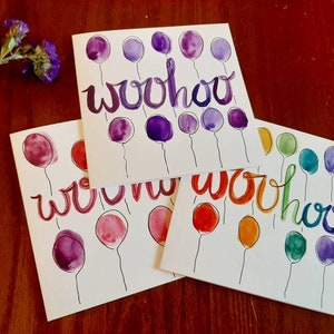 Paquete de 3 tarjetas de celebración pintadas a mano con acuarela "yuju", elige el color que más te guste. Perfectas para cumpleaños, graduaciones, compromisos y cualquier ocasión.