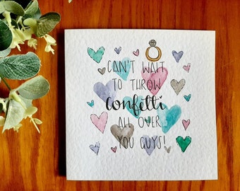 Hand painted watercolour confetti hearts engagement or anniversary greeting card, personalisation available