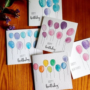 Hand painted watercolour balloon birthday cards, colour choice and personalisation available