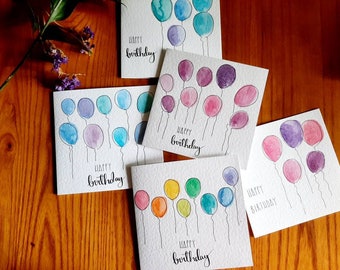 Hand painted watercolour balloon birthday cards, colour choice and personalisation available