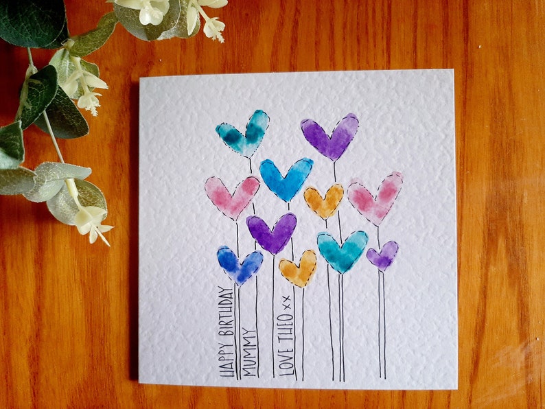 Hand painted watercolour heart balloons cards Valentine's, birthday, anniversary, any occasion. Colour choice & personalisation available Multi pastel