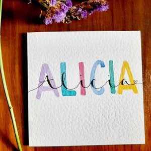 Hand made watercolour greeting card perfect for a new baby: any name or greeting written in watercolour with calligraphy