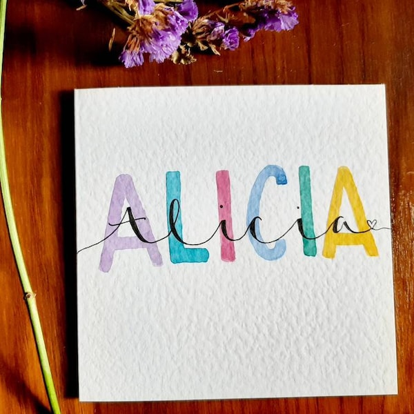 Hand made watercolour greeting card perfect for a new baby: any name or greeting written in watercolour with calligraphy