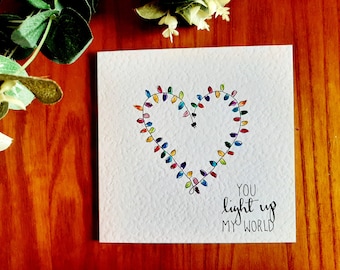 Hand painted watercolour fairy lights heart Valentine's Day or Mother's Day greeting card: create your own personalised greeting