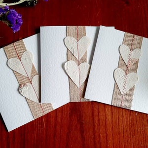 Set van 3 handgemaakte kaarten met papieren harten en juterand - perfect voor bruiloft, Valentijnsdag, jubileum en elke gelegenheid