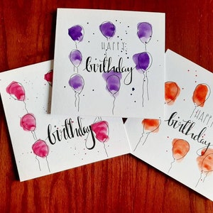 Handgeschilderde aquarel ballonnen verjaardagskaarten met personalisatie beschikbaar