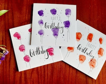 Cartes d'anniversaire de ballons aquarelles peintes à la main avec personnalisation disponible