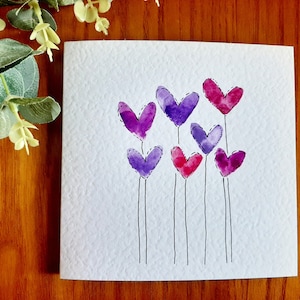 Hand painted watercolour heart balloons cards Valentine's, birthday, anniversary, any occasion. Colour choice & personalisation available Purple