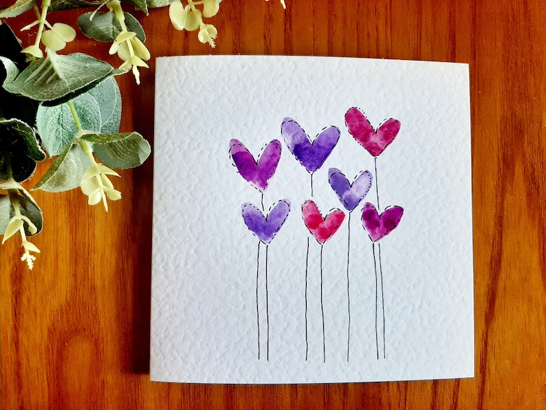 Hand painted watercolour heart balloons cards Valentine's, birthday, anniversary, any occasion. Colour choice & personalisation available Purple