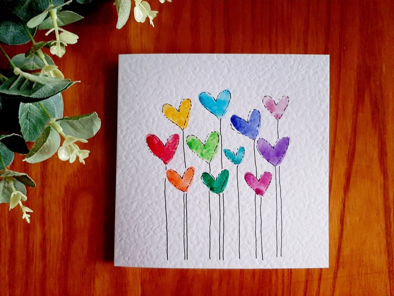 Hand painted watercolour heart balloons cards Valentine's, birthday, anniversary, any occasion. Colour choice & personalisation available Rainbow