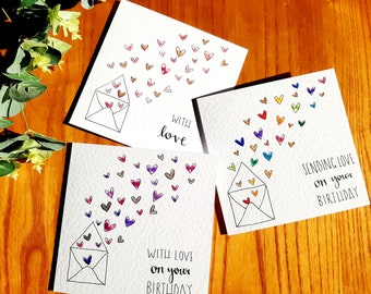 Biglietti d'auguri con cuori dipinti a mano ad acquerello: possibilità di scelta del colore e personalizzazione. Per San Valentino, anniversario, festa della mamma, compleanno.