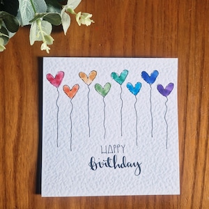 Hand painted watercolour row heart balloon birthday cards, colour choice and personalisation available