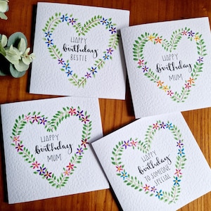 Handgemalte Aquarell Herz Blumenkranz personalisierte Grußkarte. Valentinstag, Geburtstag, Jahrestag, Muttertag, neues Baby, Hochzeit