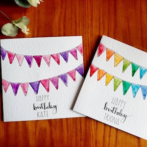 Hand painted watercolour cards with bunting - your choice of greeting. Colour choice and personalisation available