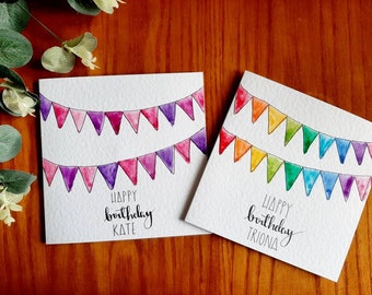Hand painted watercolour cards with bunting - your choice of greeting. Colour choice and personalisation available